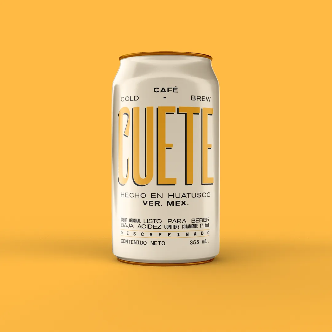 Close-up of Cuete cold brew can with vibrant label design