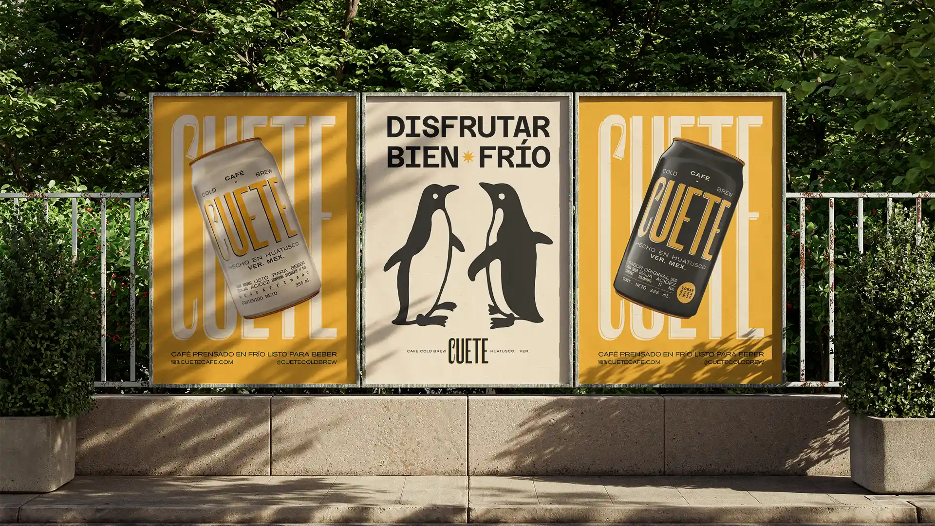 Cuete promotional posters with colorful brand illustrations