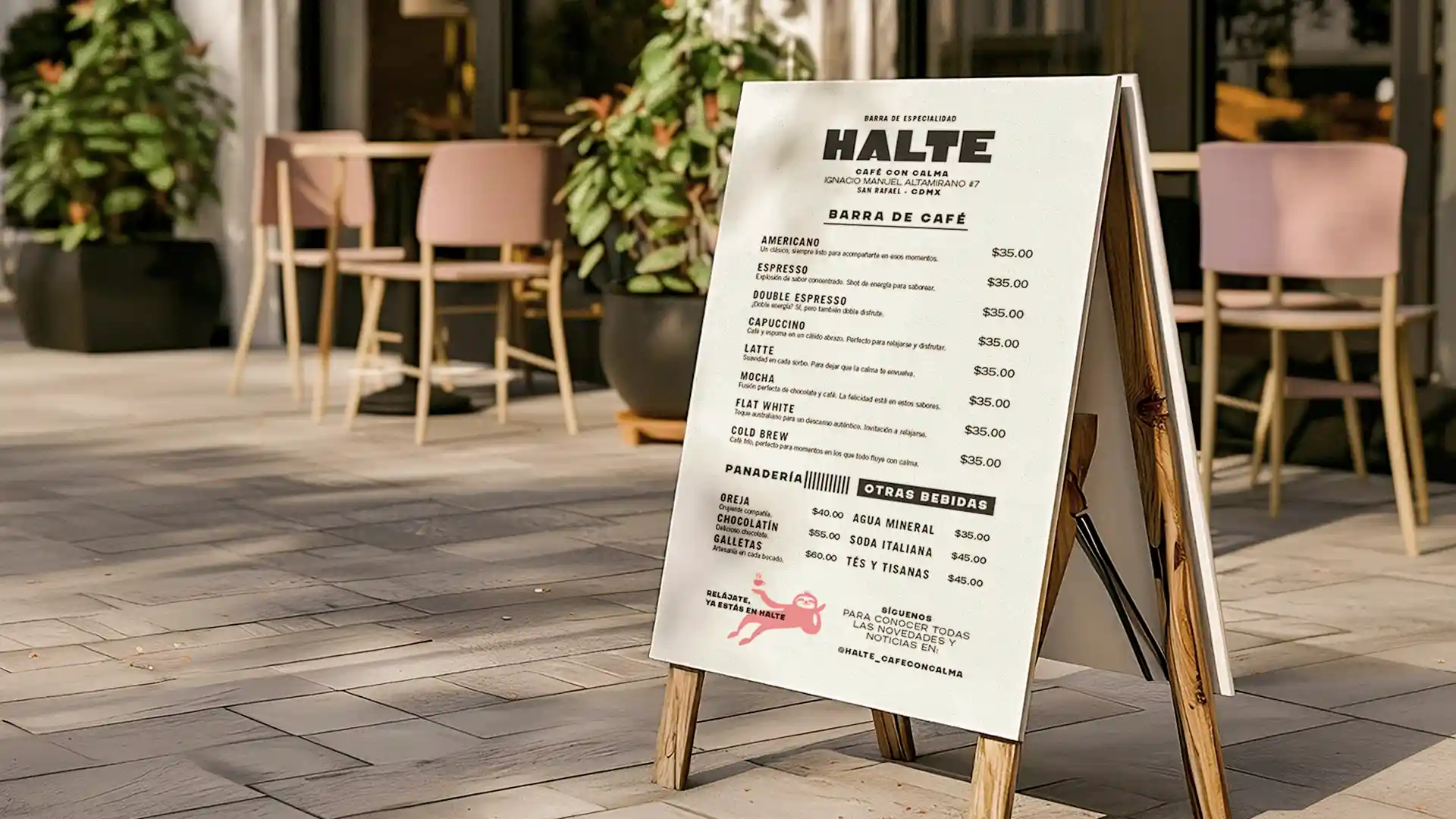 Halte printed menu with logo and brand typography