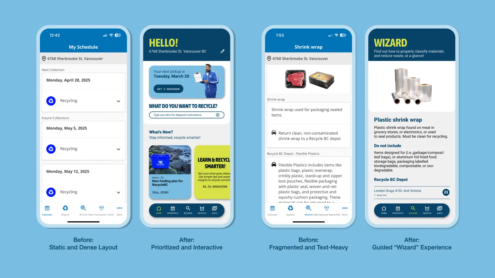 Comparison between old and new home screens of Recycle BC app