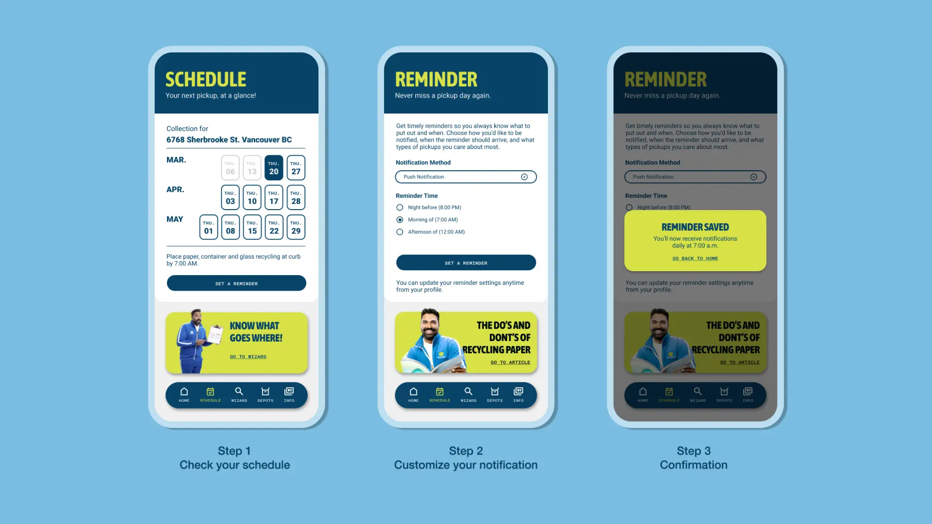 Three screens showing the reminder setup flow in the redesigned Recycle BC app. Step 1 displays a calendar with a 'Set a Reminder' button. Step 2 allows users to choose notification time. Step 3 confirms the reminder is saved.