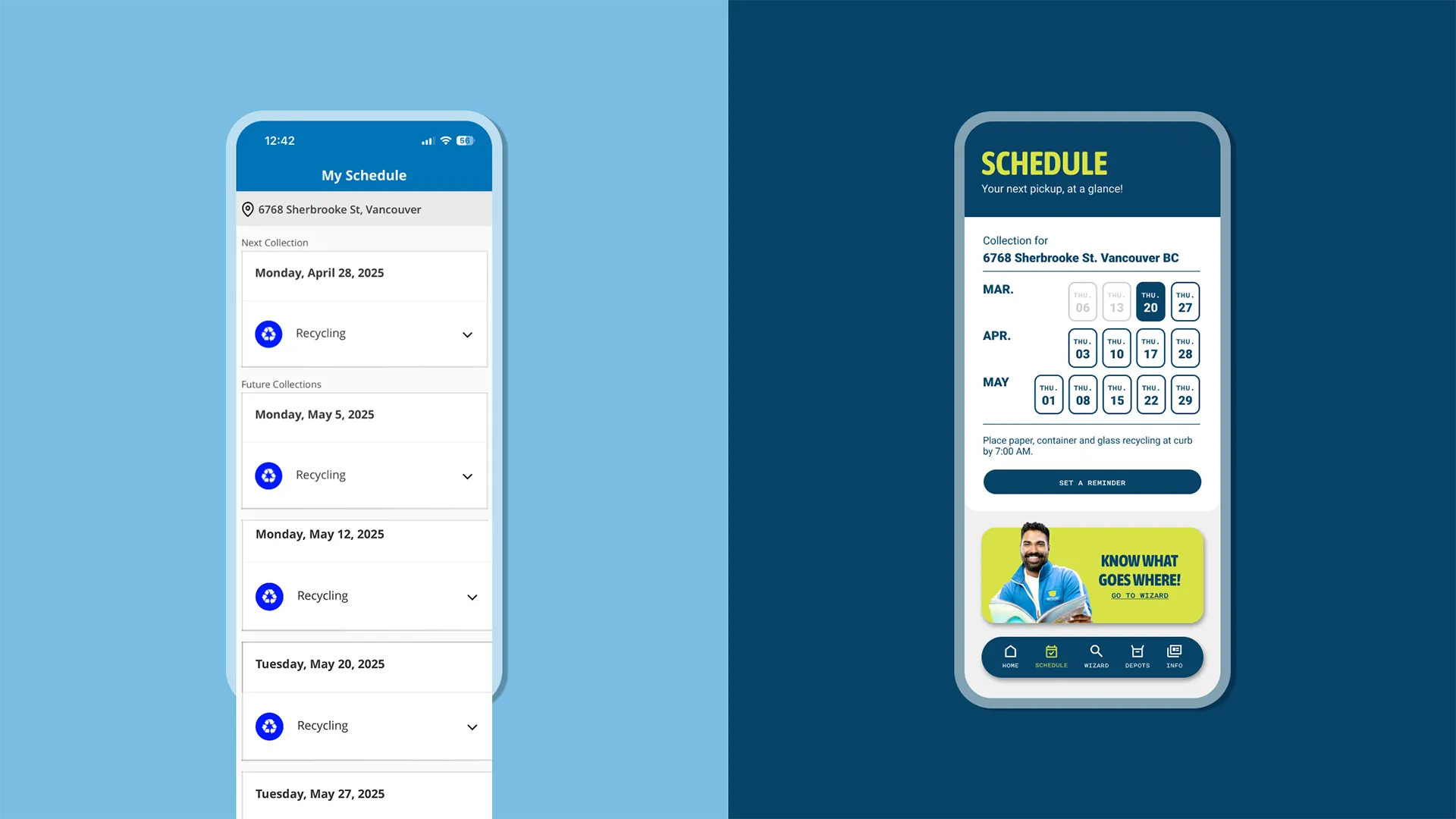 Redesigned schedule screen showing recycling pickup dates