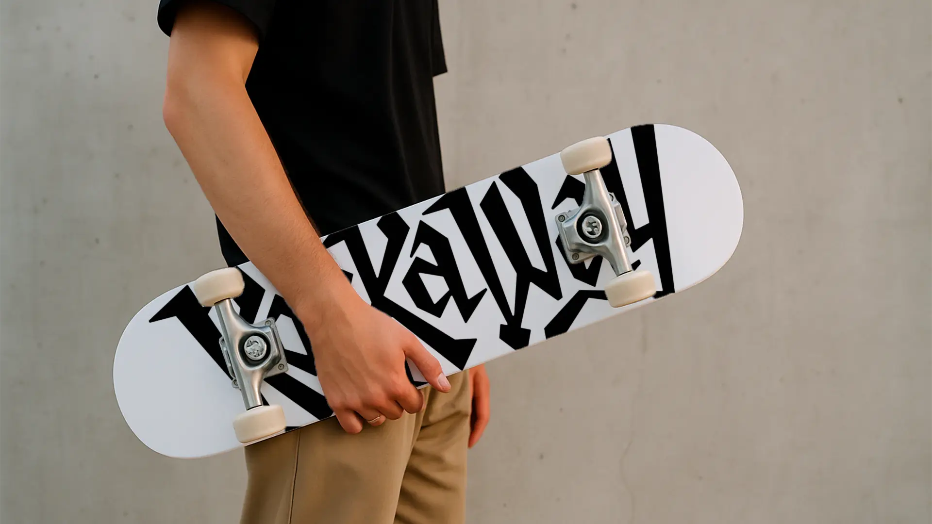 Rockaway wordmark applied on a skateboard